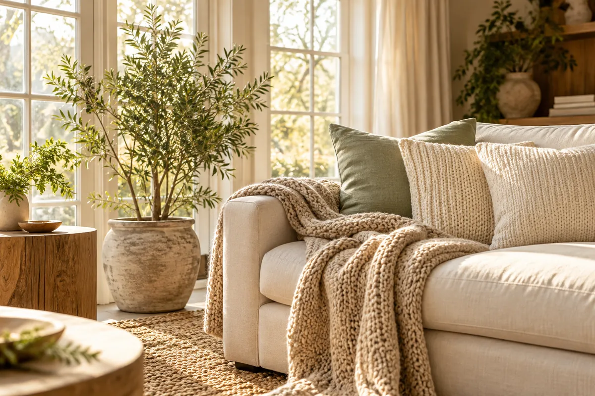 Living room with cushions and a knitted throw