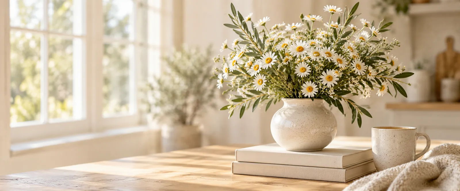 Flowers and books in a sunlit home