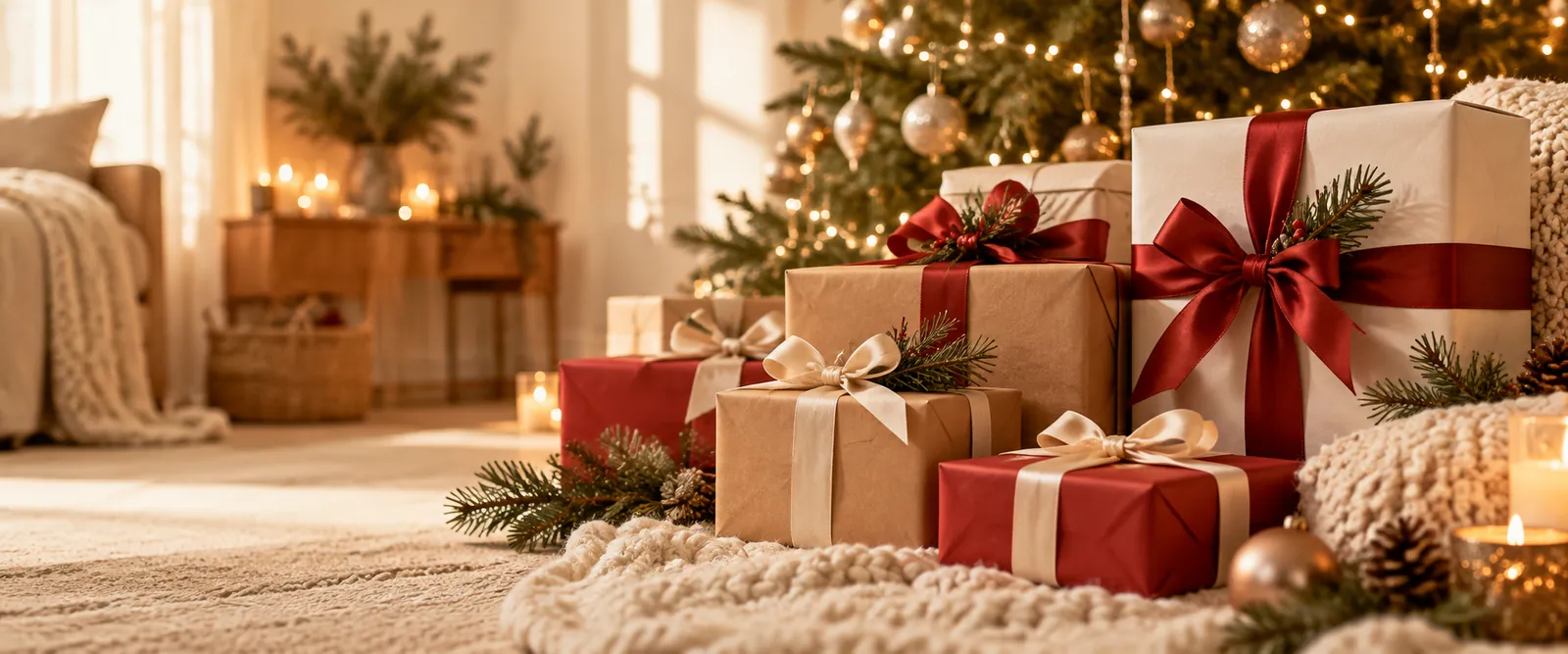 Wrapped gifts in a cozy home