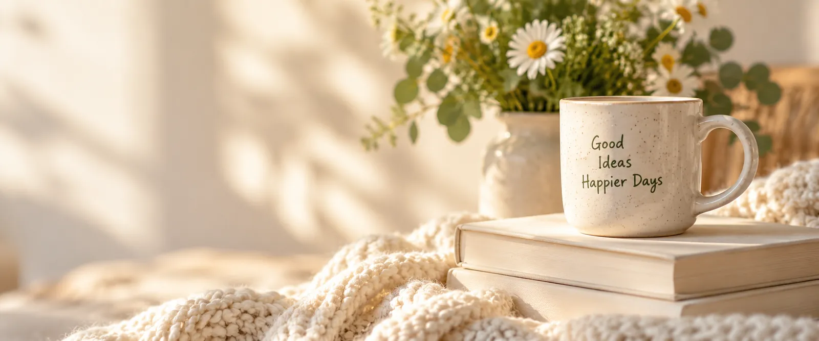 A mug beside a soft blanket
