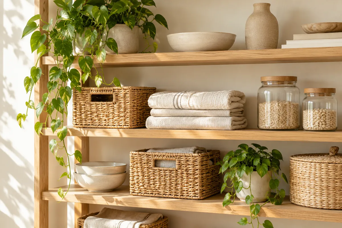 Baskets and containers on a storage shelf